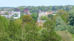 A telephoto view of the Abbey and town.